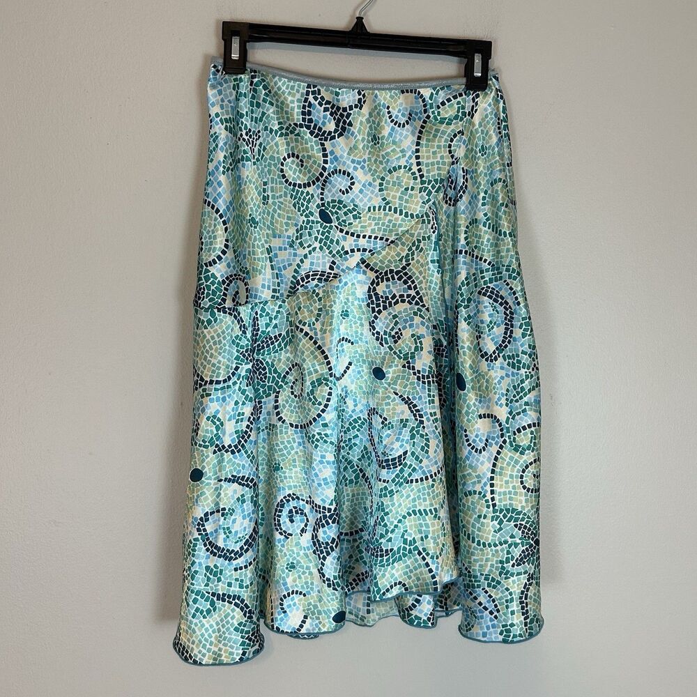 Y2K Wrapper Skirt M Stainglass Mosaic Print Mermaid Kidcore Satin Slip Midi Blue